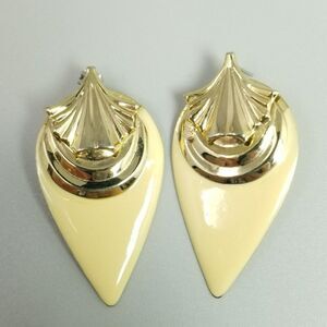Vintage Gold Tone and Cream Enamel Large Statement Dangle Stud Earrings